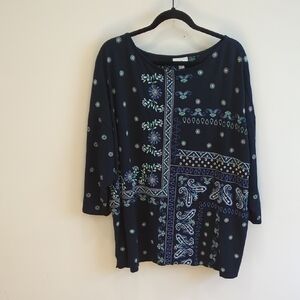 J. Jill Cotton Jersey Embroidered Paisley Women Size 3XL Top Boho Western Casual